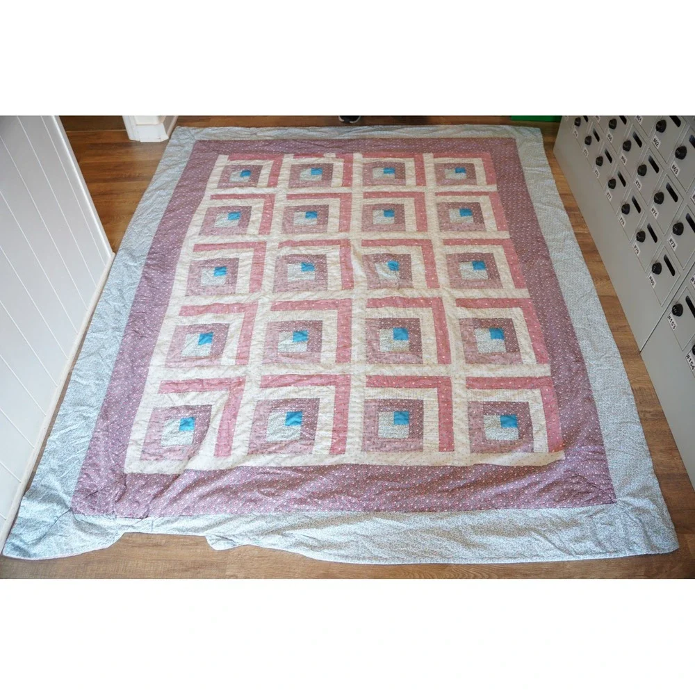 Handmade‎ Patchwork Quilt Pink Blue Floral Log Cabin Style 84x70 Blanket